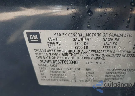 2015 Chevrolet Equinox 1Lt z USA, uszkodzony, nr VIN 2GNFLBE37F6288400